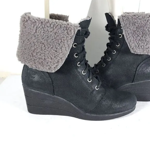 UGG Women's Zea US8 Black Leather Sheepskin Waterproof Wedge Shearling Boots