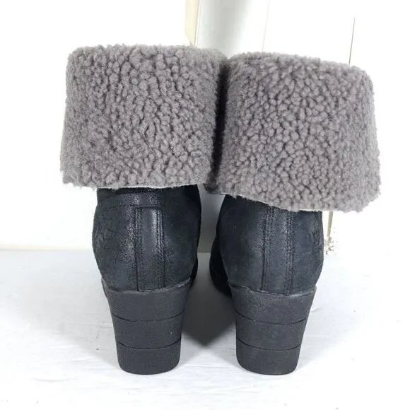 UGG Women's Zea US8 Black Leather Sheepskin Waterproof Wedge Shearling Boots