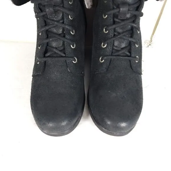 UGG Women's Zea US8 Black Leather Sheepskin Waterproof Wedge Shearling Boots