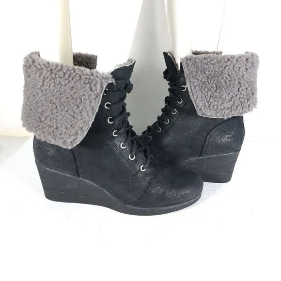 UGG Women's Zea US8 Black Leather Sheepskin Waterproof Wedge Shearling Boots