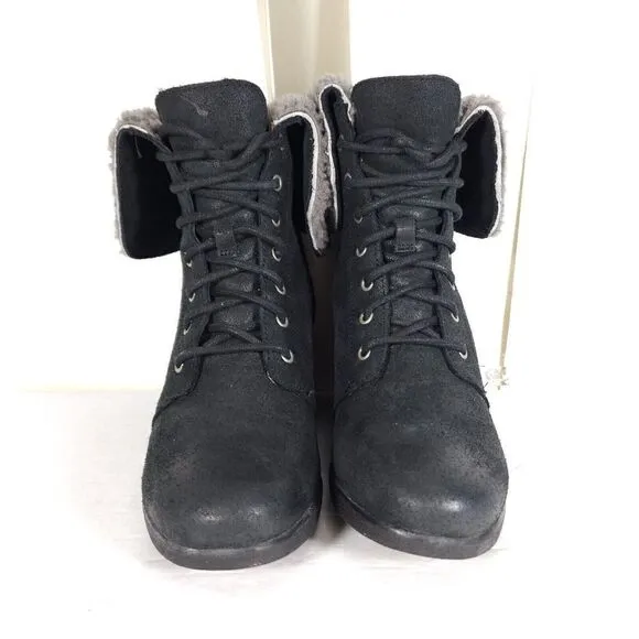 UGG Women's Zea US8 Black Leather Sheepskin Waterproof Wedge Shearling Boots