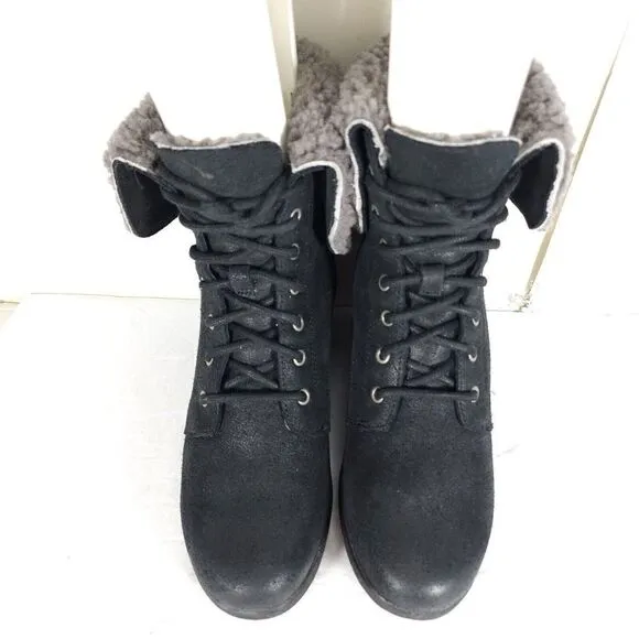 UGG Women's Zea US8 Black Leather Sheepskin Waterproof Wedge Shearling Boots