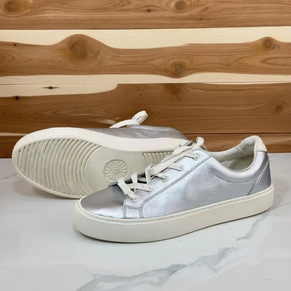 UGG Zilo Silver Metallic Leather Sneakers Casual Comfort Shoes Women's Size 11