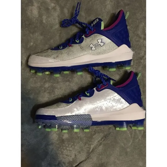 Under Armour Harper 9 Elite TPU Kids Baseball Shoes White &amp; Royal Blue Size 8