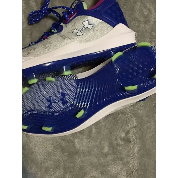 Under Armour Harper 9 Elite TPU Kids Baseball Shoes White &amp; Royal Blue Size 8