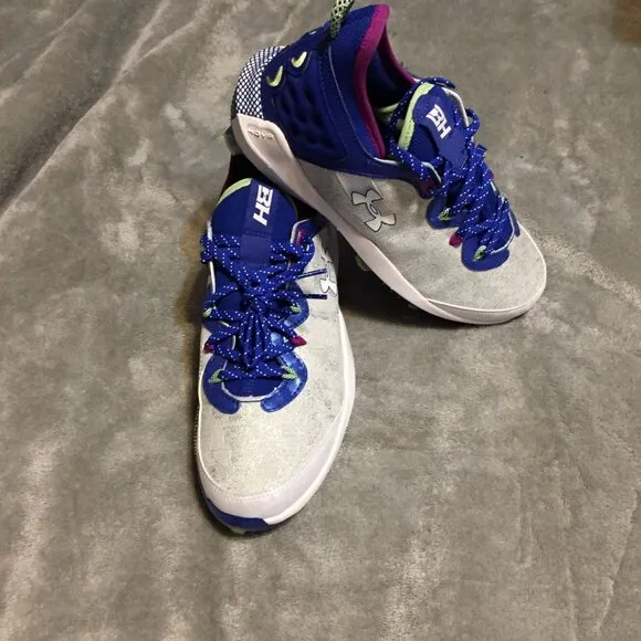 Under Armour Harper 9 Elite TPU Kids Baseball Shoes White &amp; Royal Blue Size 8