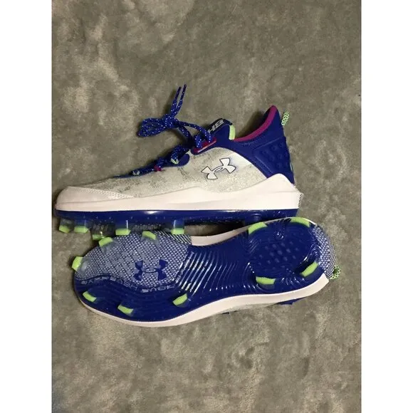 Under Armour Harper 9 Elite TPU Kids Baseball Shoes White &amp; Royal Blue Size 8