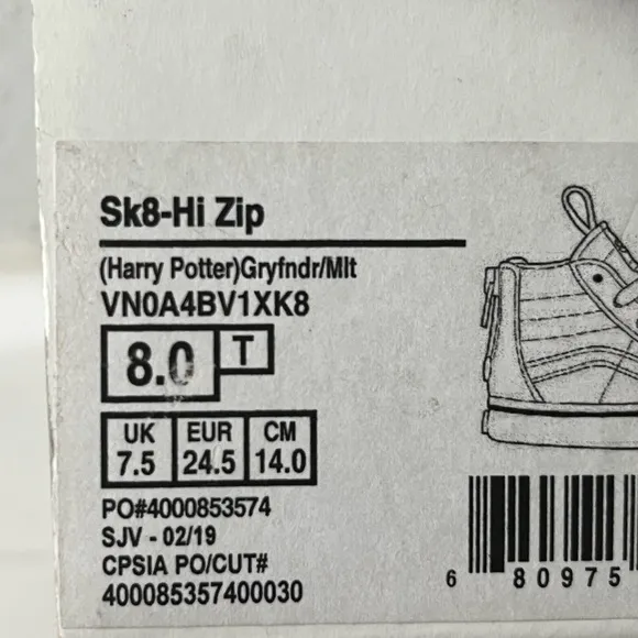 Vans Harry Potter Ski-Hi Zip toddler Gryffindor High-Top Sneakers size 8 NEW