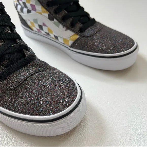 Vans High Top Sneakers Glitter Rainbow Buffalo Check Size 9