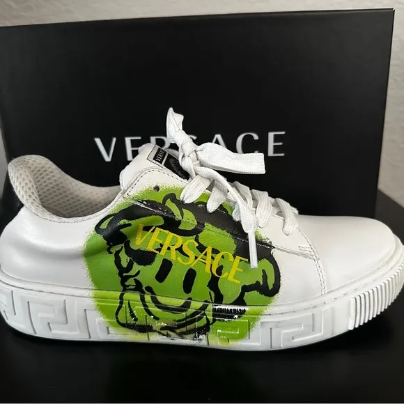 Versace White and Green Sneakers with Medusa TAG Graphic