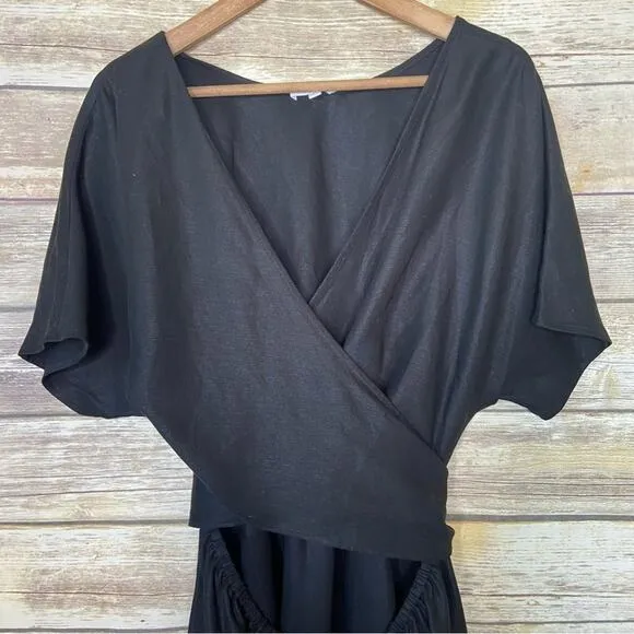 VETTA L The Convertible Wrap Mini Dress in black linen blend