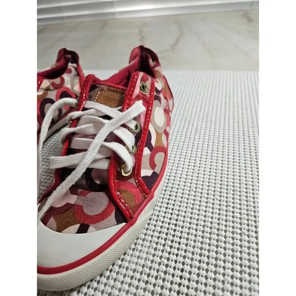 Vibrant Red Coach Sneakers with Signature Canvas Print, Size 7B