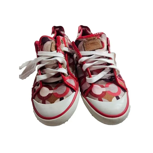 Vibrant Red Coach Sneakers with Signature Canvas Print, Size 7B