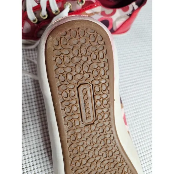 Vibrant Red Coach Sneakers with Signature Canvas Print, Size 7B
