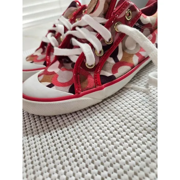 Vibrant Red Coach Sneakers with Signature Canvas Print, Size 7B