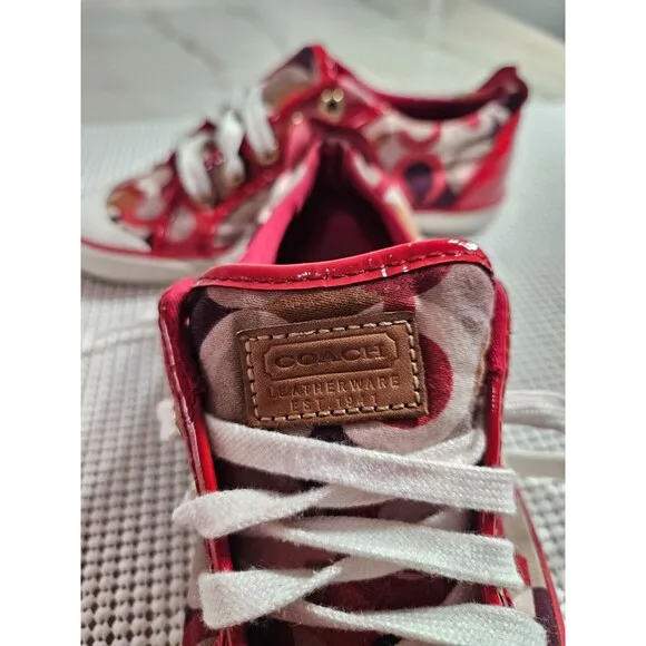 Vibrant Red Coach Sneakers with Signature Canvas Print, Size 7B