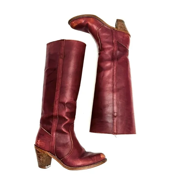 Vintage 1970s women’s oxblood leather knee high pull on campus boots