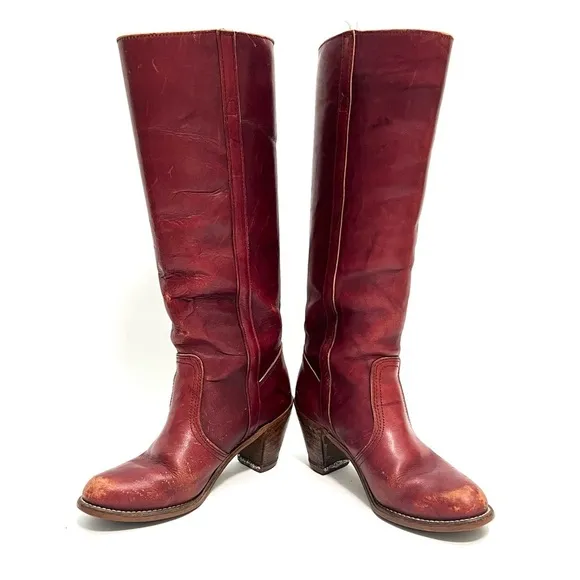 Vintage 1970s women’s oxblood leather knee high pull on campus boots