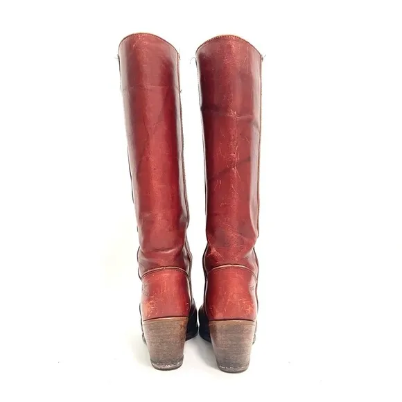 Vintage 1970s women’s oxblood leather knee high pull on campus boots
