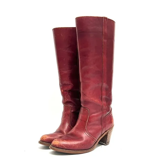 Vintage 1970s women’s oxblood leather knee high pull on campus boots