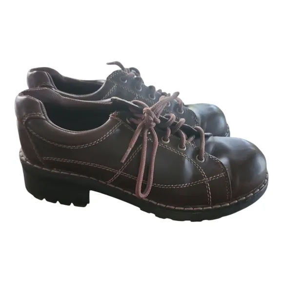 Vintage 90s Lower East Side Brown Leather Platform Oxford Sneakers 7, Y2K Grunge