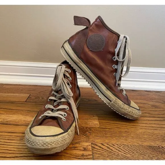 Vintage Brown Cognac Leather Converse Chuck High Top Sneakers Mens 9