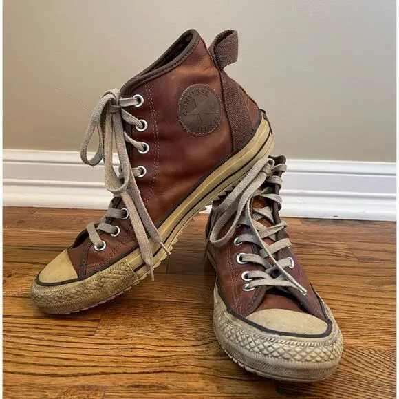 Vintage Brown Cognac Leather Converse Chuck High Top Sneakers Mens 9