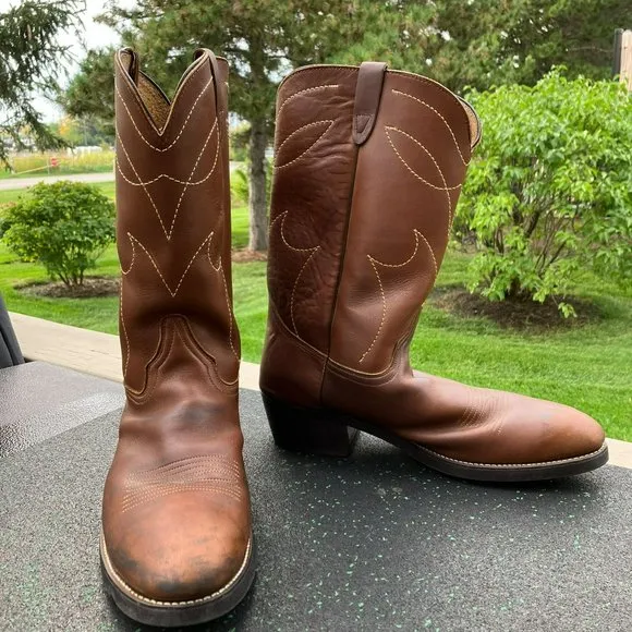 Vintage Brown Leather Steel Toe Work Cowboy Boots Sheplers Men's 12D USA Made