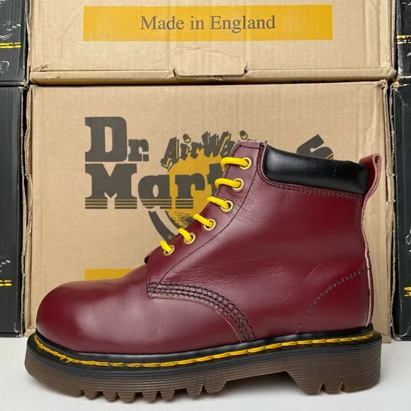 Vintage Dr. Martens Oxblood Red Steel Toe Chain Double Stitch Leather Boots UK 3