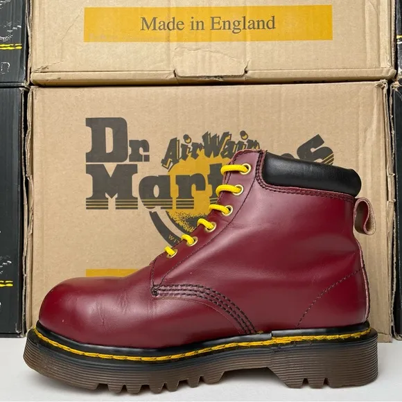 Vintage Dr. Martens Oxblood Red Steel Toe Chain Double Stitch Leather Boots UK 3