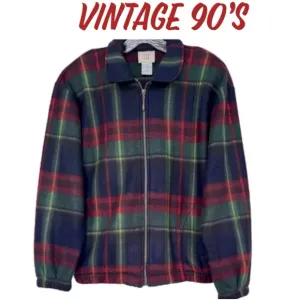 Vintage Teddi Coat Zip Fleece Tartan Glen Plaid Blue Green Burgundy Size Medium