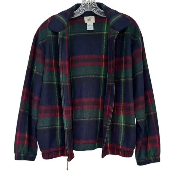 Vintage Teddi Coat Zip Fleece Tartan Glen Plaid Blue Green Burgundy Size Medium