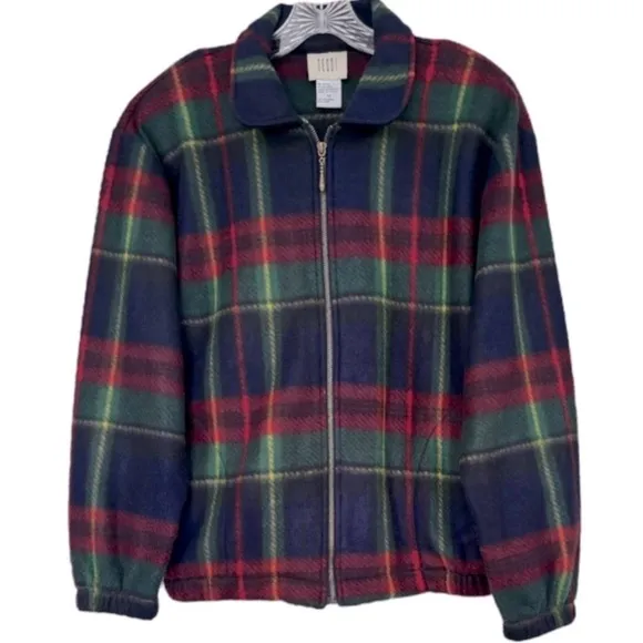 Vintage Teddi Coat Zip Fleece Tartan Glen Plaid Blue Green Burgundy Size Medium