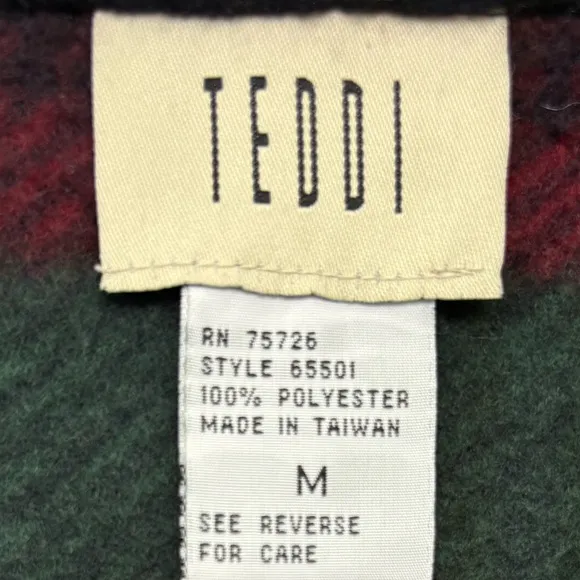 Vintage Teddi Coat Zip Fleece Tartan Glen Plaid Blue Green Burgundy Size Medium
