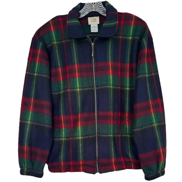 Vintage Teddi Coat Zip Fleece Tartan Glen Plaid Blue Green Burgundy Size Medium
