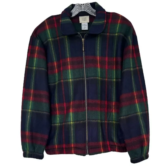 Vintage Teddi Coat Zip Fleece Tartan Glen Plaid Blue Green Burgundy Size Medium