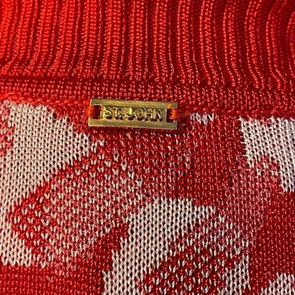 Vintage St John Abstract Brush Stroke Cardigan Sweater Red White Zip Front