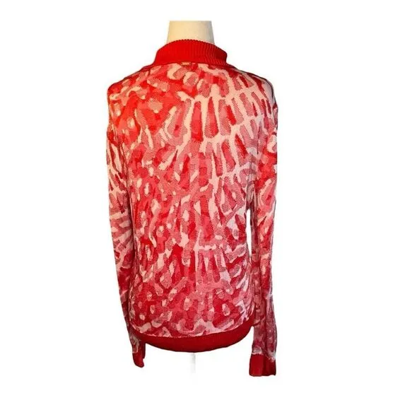 Vintage St John Abstract Brush Stroke Cardigan Sweater Red White Zip Front
