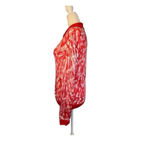 Vintage St John Abstract Brush Stroke Cardigan Sweater Red White Zip Front