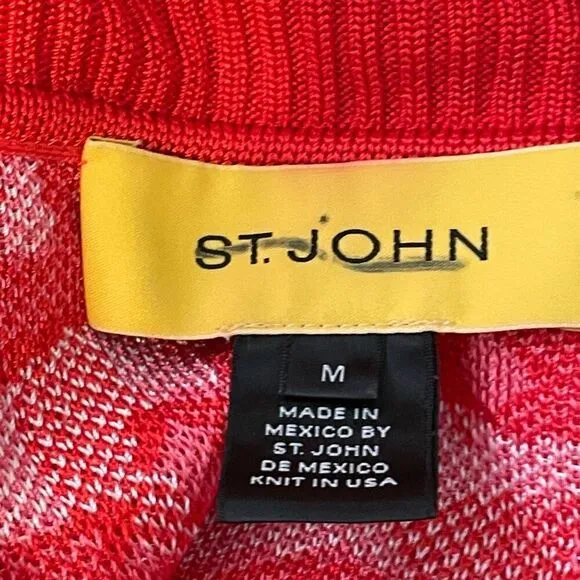 Vintage St John Abstract Brush Stroke Cardigan Sweater Red White Zip Front