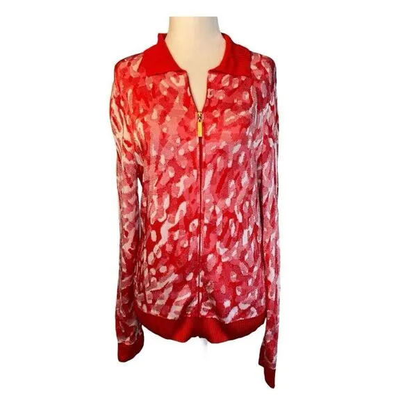 Vintage St John Abstract Brush Stroke Cardigan Sweater Red White Zip Front