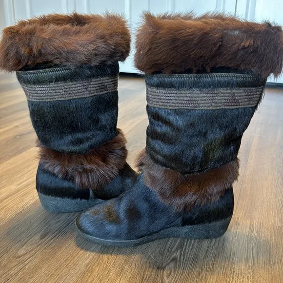 vtg Italian Tecnica 70s 80s brown goat fur mukluk muk luk boots size 7.5 cute