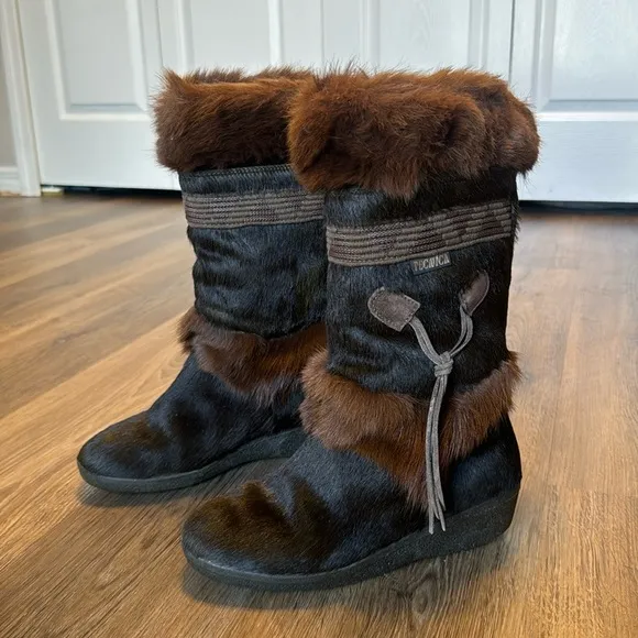 vtg Italian Tecnica 70s 80s brown goat fur mukluk muk luk boots size 7.5 cute