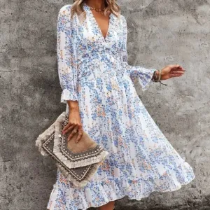 white blue Shabby Chic Cottagecore Floral Ditsy Ruffle Hem Dress