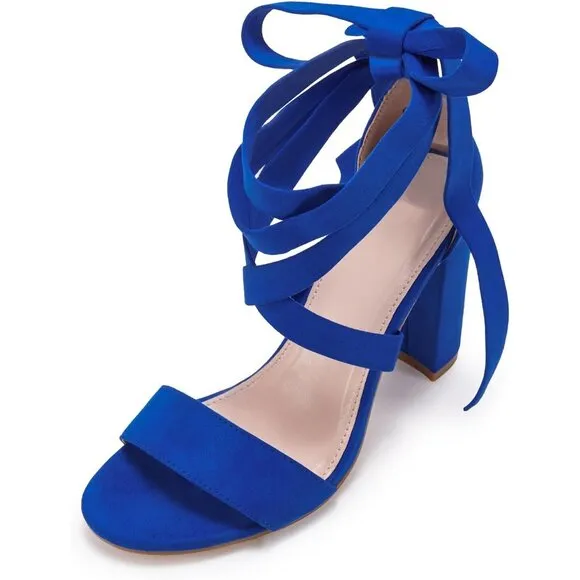 Women Blue Shoes Suede Strappy Heels Lace up High Heeled Sandals