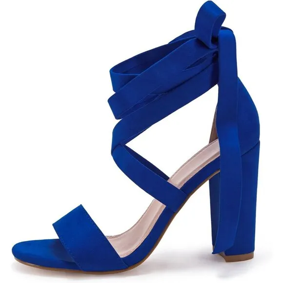 Women Blue Shoes Suede Strappy Heels Lace up High Heeled Sandals