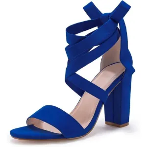 Women Blue Shoes Suede Strappy Heels Lace up High Heeled Sandals