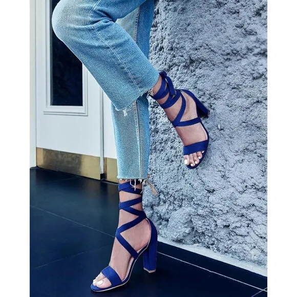 Women Blue Shoes Suede Strappy Heels Lace up High Heeled Sandals