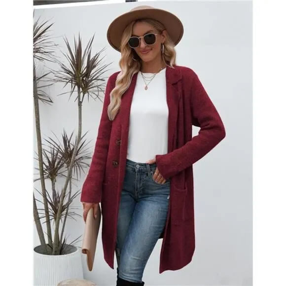 Women Fall Long Cardigan Sweater Trendy C Burgundy