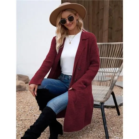 Women Fall Long Cardigan Sweater Trendy C Burgundy